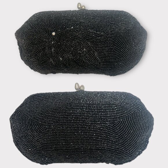 VTG Gala Japan Formal Clutch Black Beaded Floral Silver Kiss Lock Handbag 1960s - Picture 3 of 5